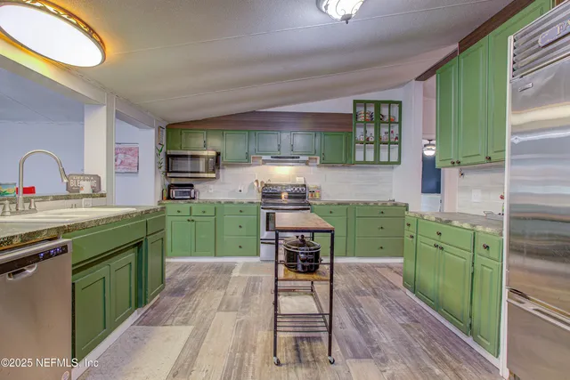 a kitchen with lots of counter top space