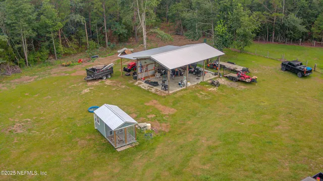 a view of a yard in front of a house with plants and large tree