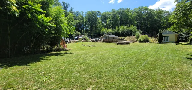 a view of a garden with a bench