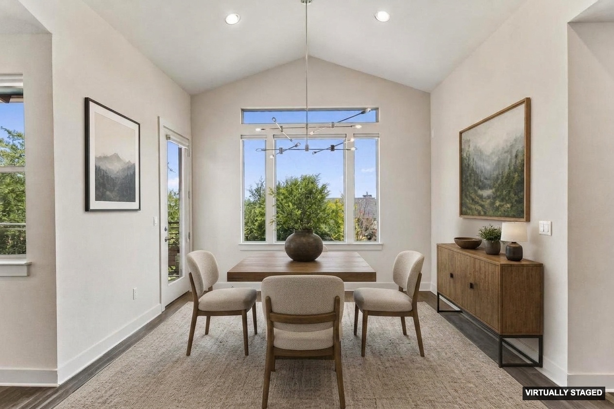 8110 Ranch Road 2222, Unit 68 Austin, TX 78730 - Photo 7 of 24 Natural light floods this dining area, highlighting the vaulted ceilings and a stylish modern chandelier.