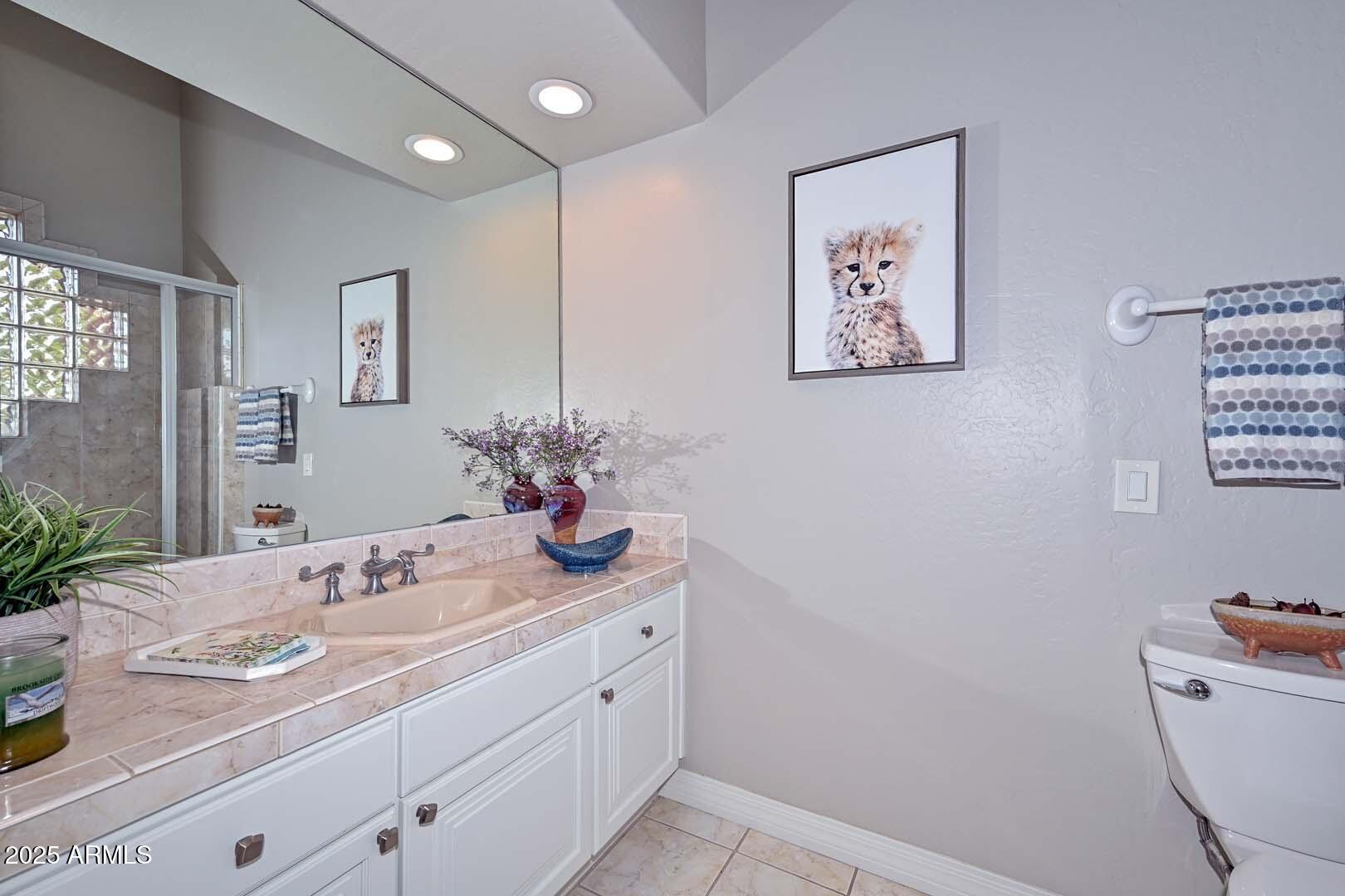 8540 East McDowell Road, Unit 55 Mesa, AZ 85207 - Photo 55 of 111 a bathroom with a granite countertop sink mirror and toilet