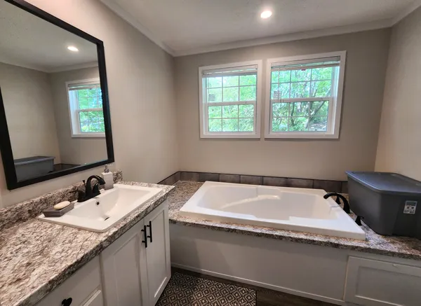 a bathroom with a granite countertop sink and a bathtub