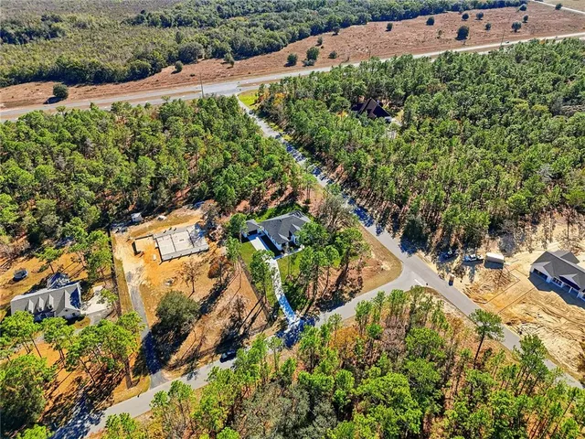 an aerial view of residential houses with outdoor space and street view