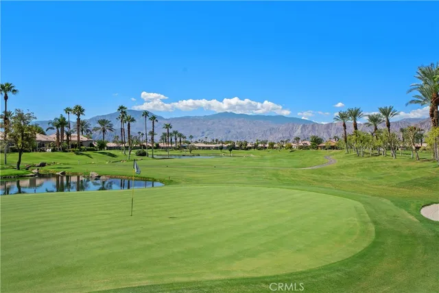 a view of a garden with a fountain and a bench