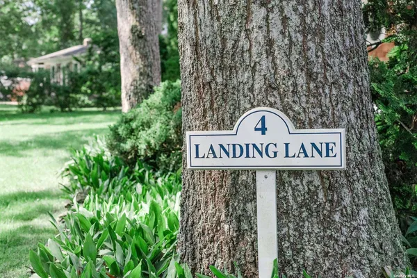 a view of a street sign under a large tree