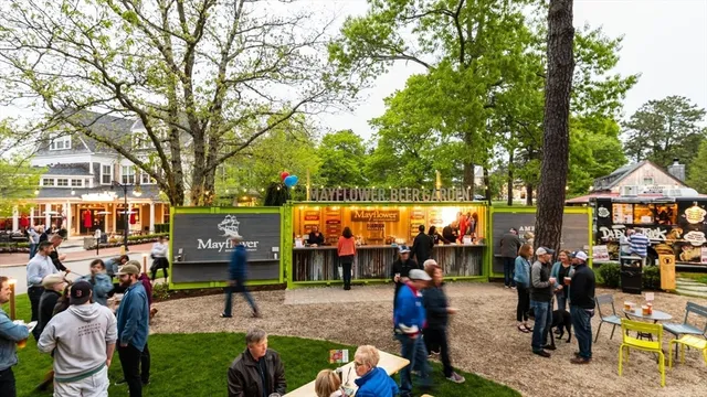 an outdoor space with seating