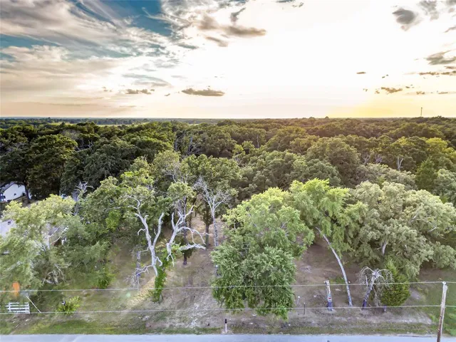 a view of a city with lush green forest