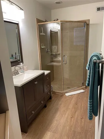 a bathroom with a shower a sink and a mirror