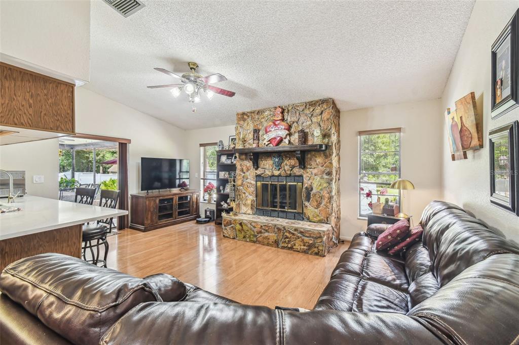 6938 Coronet Drive New Port Richey, FL 34655 - Photo 12 of 49 a living room with furniture a flat screen tv and a fireplace