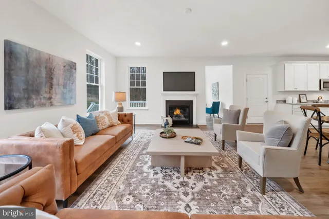a living room with furniture a rug a fireplace and a window