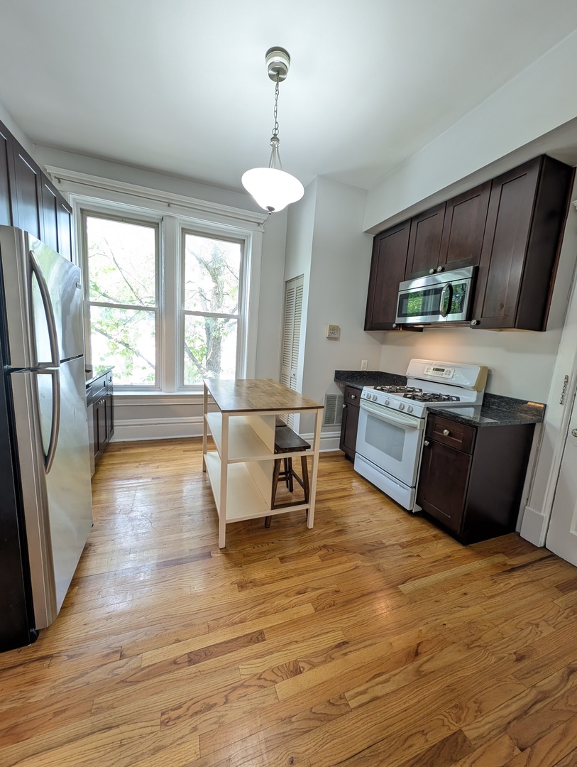 2611 West George Street, Unit 2R Chicago, IL 60618 - Photo 5 of 14 a living room with stainless steel appliances granite countertop furniture wooden floor and a fireplace