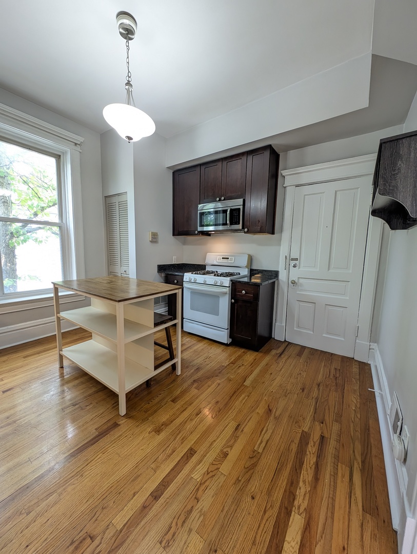 2611 West George Street, Unit 2R Chicago, IL 60618 - Photo 6 of 14 a living room with stainless steel appliances kitchen island granite countertop furniture and a wooden floor