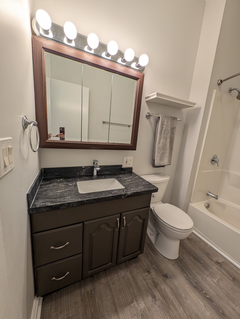 2611 West George Street, Unit 2R Chicago, IL 60618 - Photo 8 of 14 a bathroom with a granite countertop toilet sink and mirror