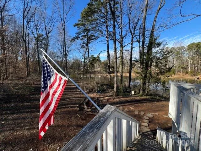 a view of a yard with large trees