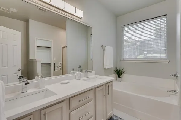 a bathroom with a tub a sink and mirror