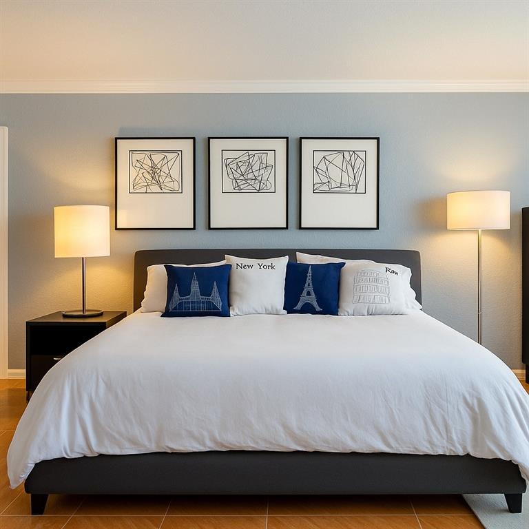 1000 Spanish River Road, Unit 3G Boca Raton, FL 33432 - Photo 6 of 31 a bedroom with a bed and painting on the wall