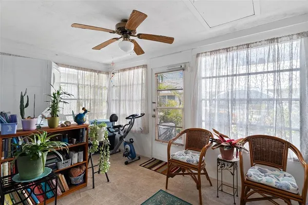 a living room with furniture and a potted plant