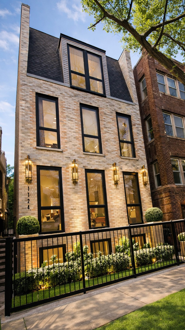 a front view of a building with a yard