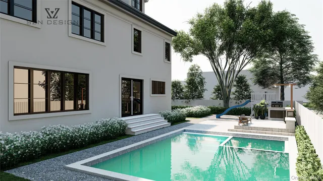 a view of a house with pool and sitting area