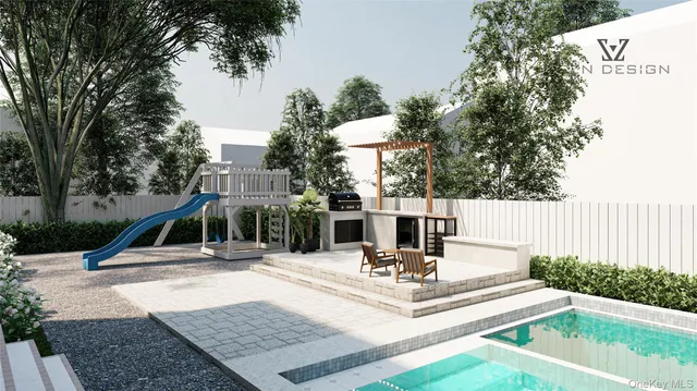 a view of a building with a fountain in a yard