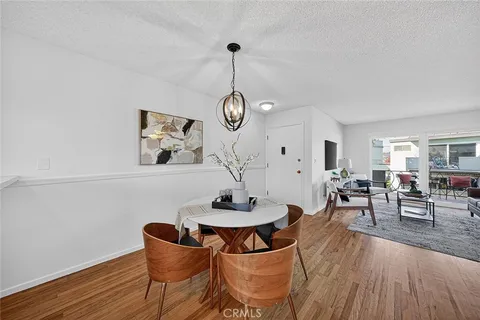 a dining room with furniture a rug a potted plant and wooden floor