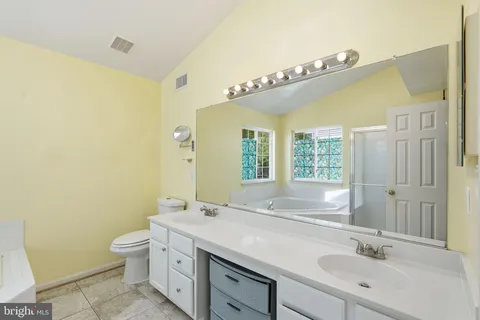 a bathroom with a double vanity sink toilet and a mirror