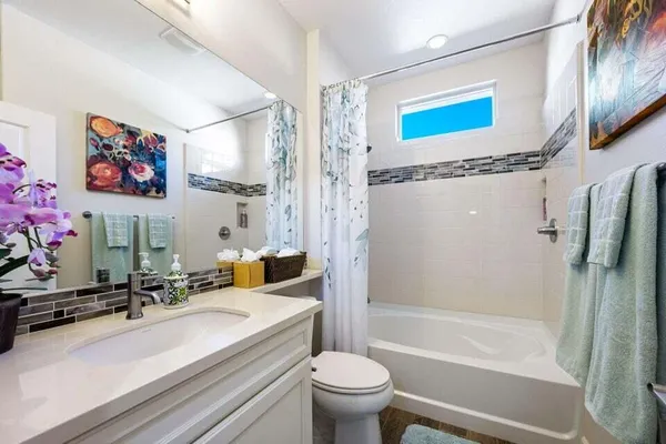 a bathroom with a sink a mirror a toilet and a shower