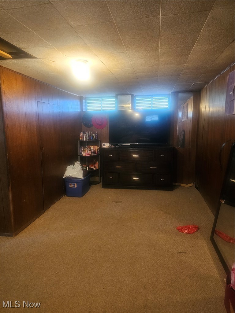 4407 Wyatt Road Cleveland, OH 44128 - Photo 18 of 25 Living room featuring light colored carpet and wooden walls