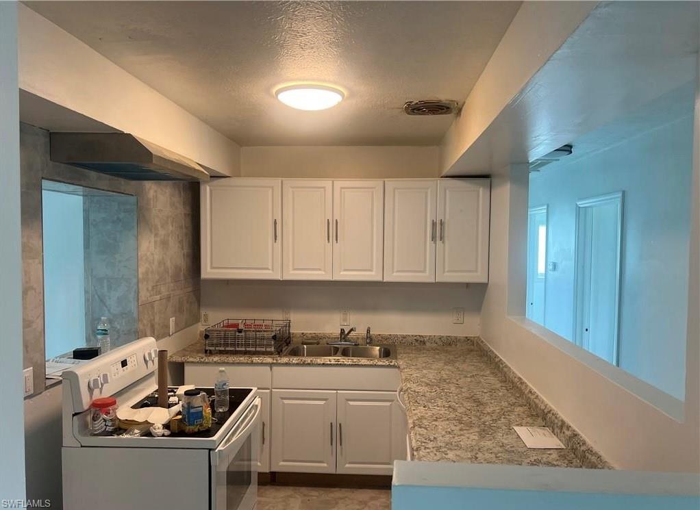 160 Brooks Road North Fort Myers, FL 33917 - Photo 4 of 19 Kitchen featuring white cabinetry, a double basin stainless steel sink, and granite-look countertops