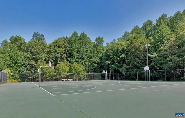 a view of a swimming pool and trees in the background
