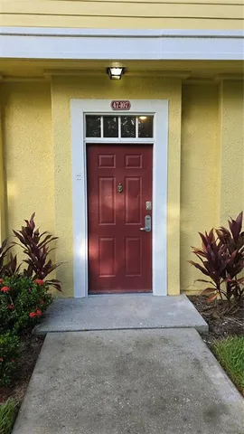 a view of a wooden door and a window