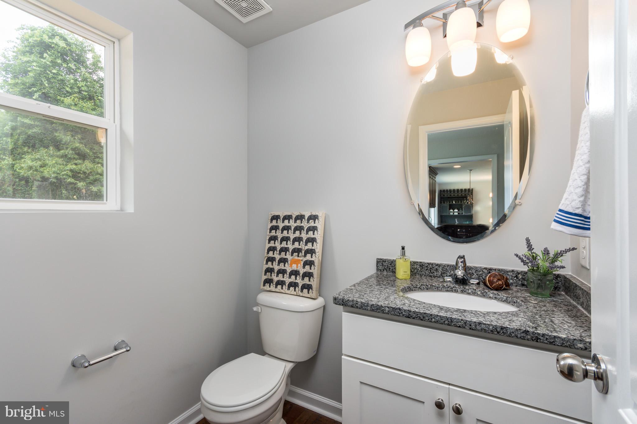 8035 Clark Station Road Severn, MD 21144 - Photo 10 of 24 a bathroom with a granite countertop toilet a sink and a mirror