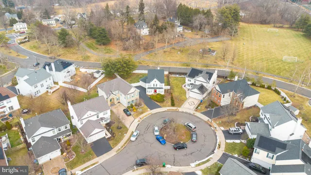 an aerial view of a swimming pool