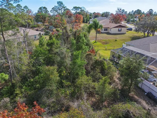 an aerial view of residential houses with outdoor space and trees