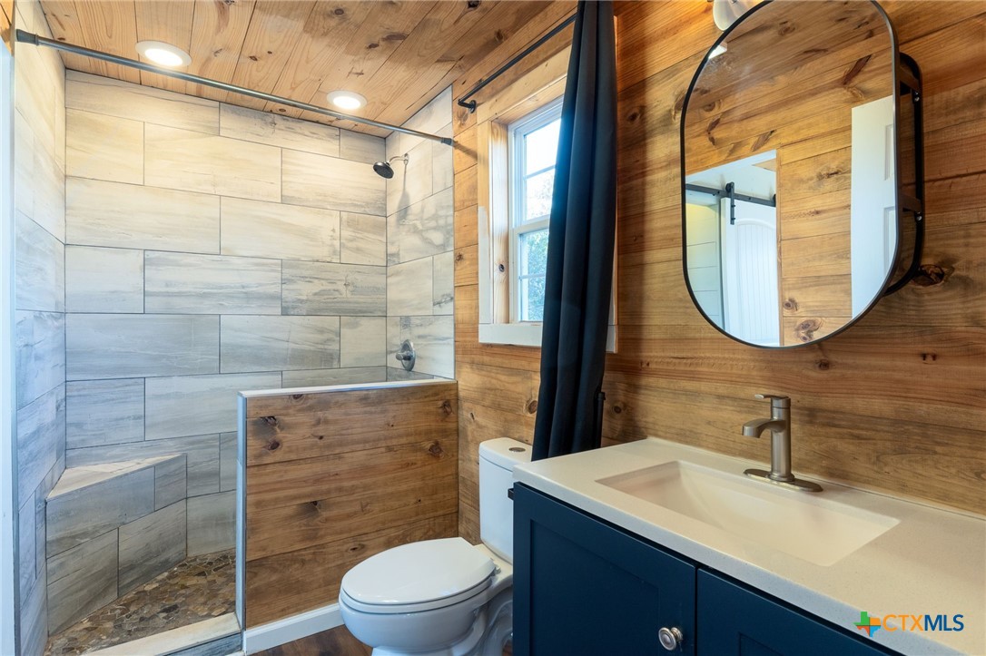 18248 Crows Ranch Road Salado, TX 76571 - Photo 42 of 48 a bathroom with a sink a mirror a toilet and a glass door shower