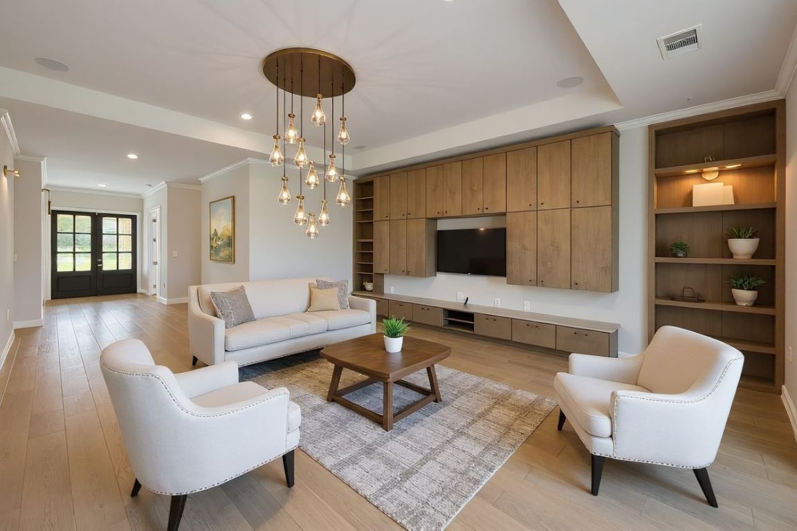 a living room with furniture and a chandelier