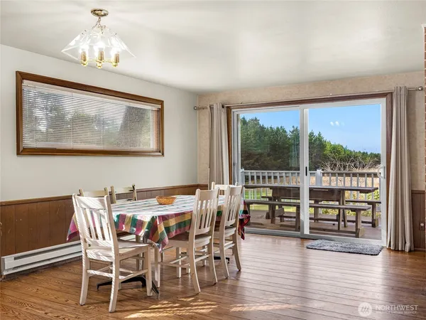 a dining room with furniture window and wooden floor