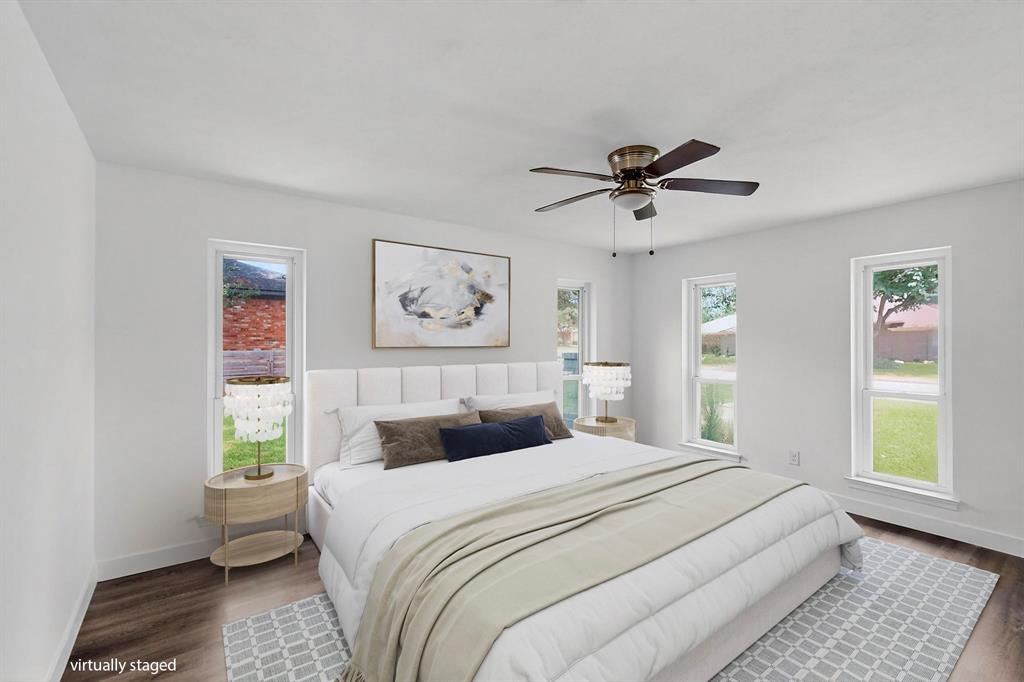 4857 Fallon Place Dallas, TX 75227 - Photo 14 of 19 Bedroom with dark wood finished floors and a ceiling fan