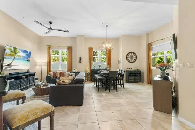a living room with furniture and a table