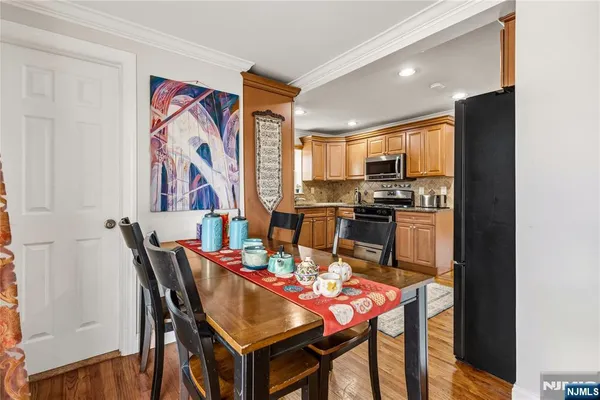 a view of a dining room with furniture