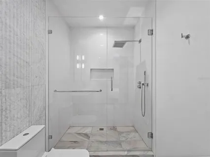 a bathroom with a shower and toilet