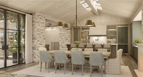 a dining room with furniture a chandelier and window