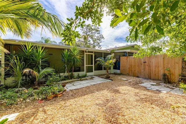 a view of a backyard with plants and a large tree