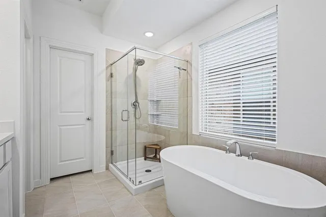 a bathroom with a bathtub and a shower