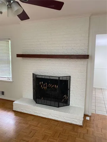 a living room with a fireplace