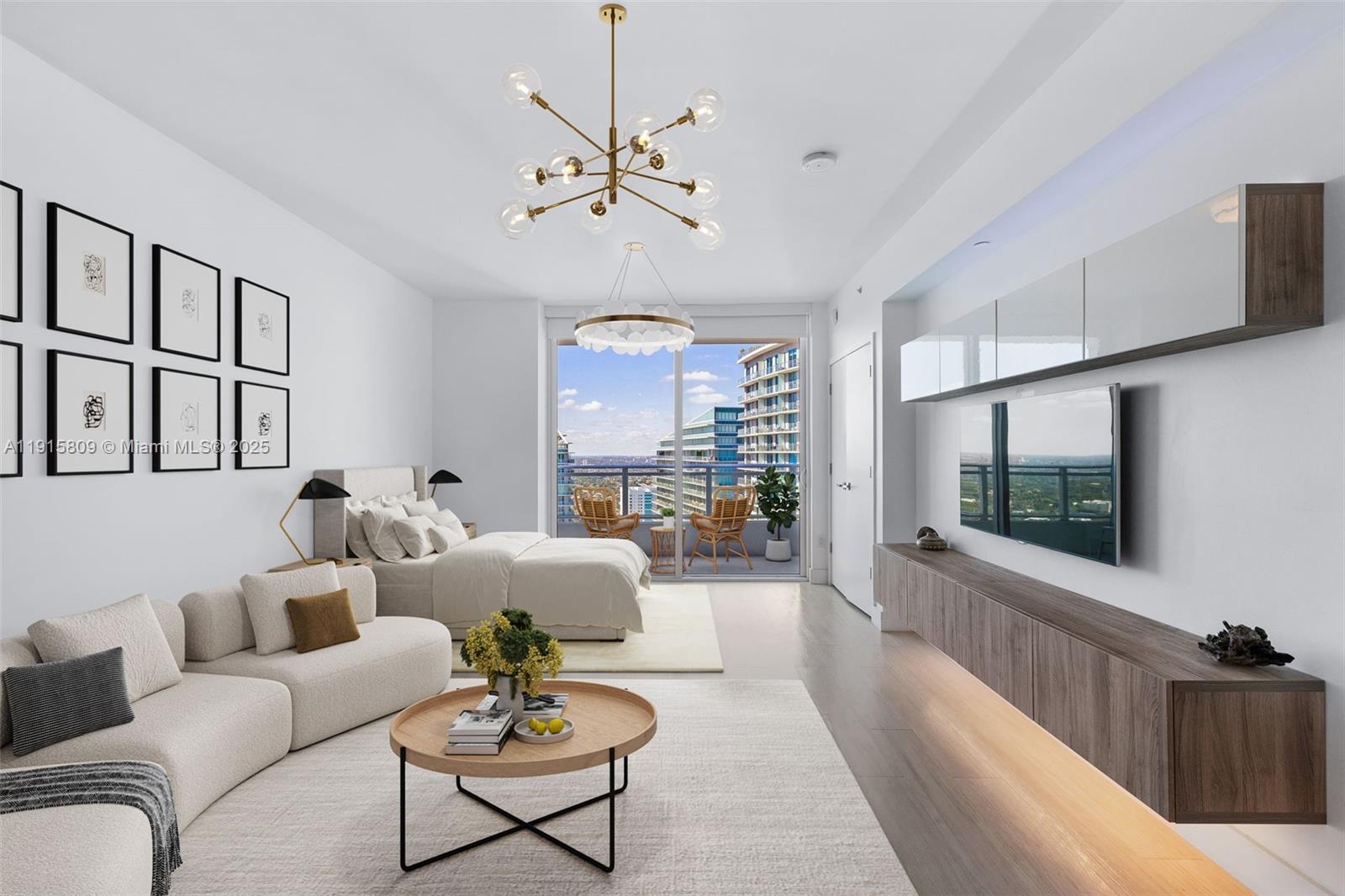 a living room with furniture a chandelier and a flat screen tv