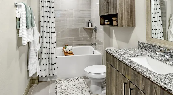 a bathroom with a granite countertop toilet a sink a mirror and shower