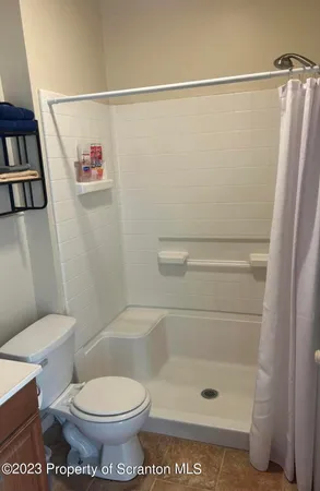 a bathroom with a shower and a toilet