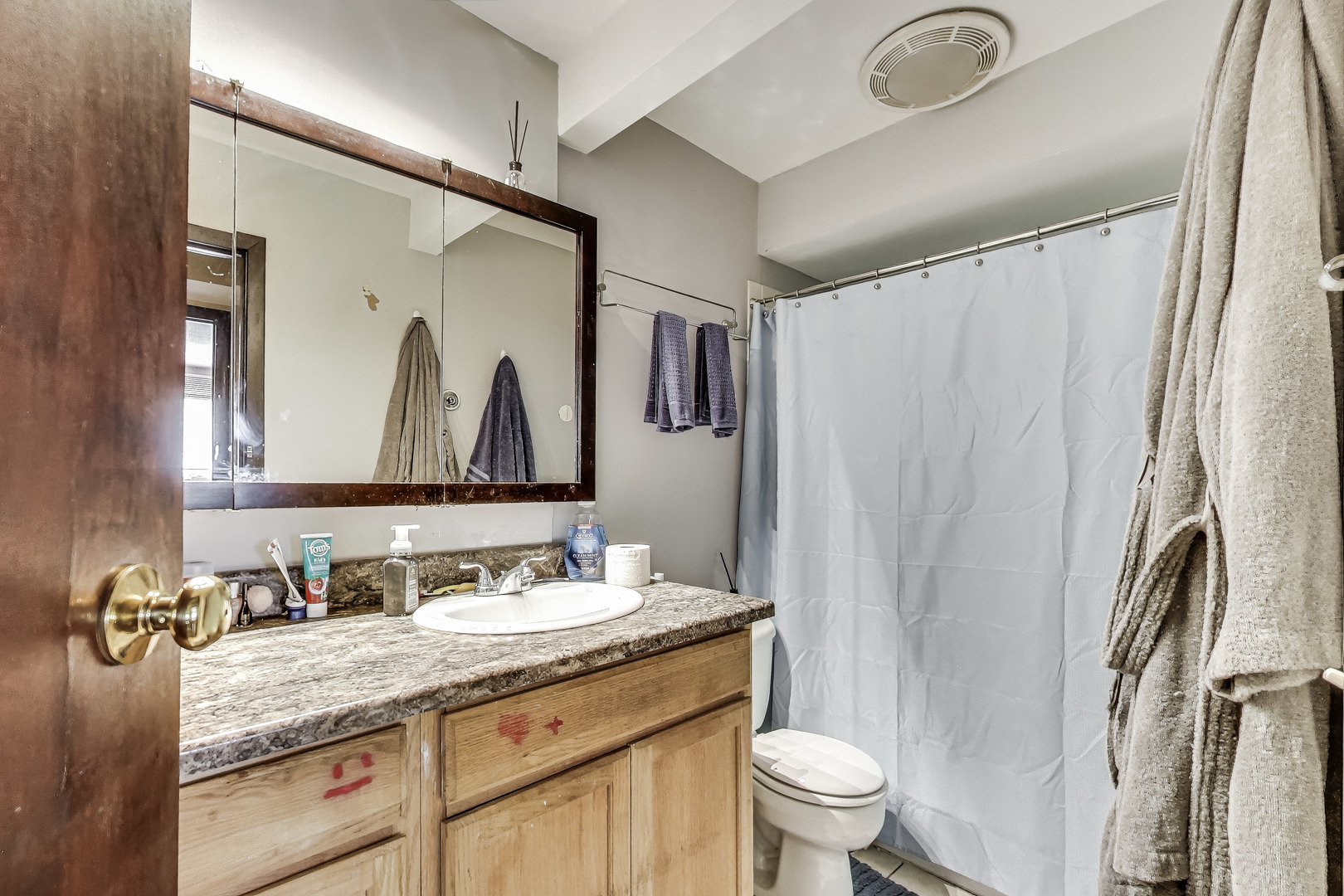 5113 North East River Road, Unit 1M Chicago, IL 60656 - Photo 17 of 25 a bathroom with a granite countertop sink toilet and a mirror