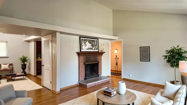 a living room with furniture potted plant and a fireplace